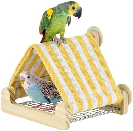 ShuRung Bird Cotton Linen Tent House with Stainless Steel Shelves Two-Layer Perch Habitat for Parrot, Budgie, Conure, Lovebird, Parakeet Cozy Hideaway Cave for Bird Cage （V）