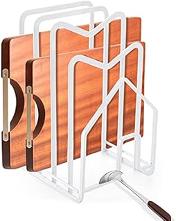 Suwimut Cutting Board Rack Chopping Board Organizer Stand, Flat Steel Pot Pan Lids Holder Rack with 4 Slots for Kitchen Cabinet Countertop, 4.92 x 5.71 x 8.46 Inches, White
