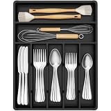 Lifewit Silverware Drawer Organizer Tray, Plastic Cutlery Storage for Kitchen, Flatware and Utensil Holder Divider for Spoons Forks Knives Tableware, 12.3 x 16", 7 Slots, Black