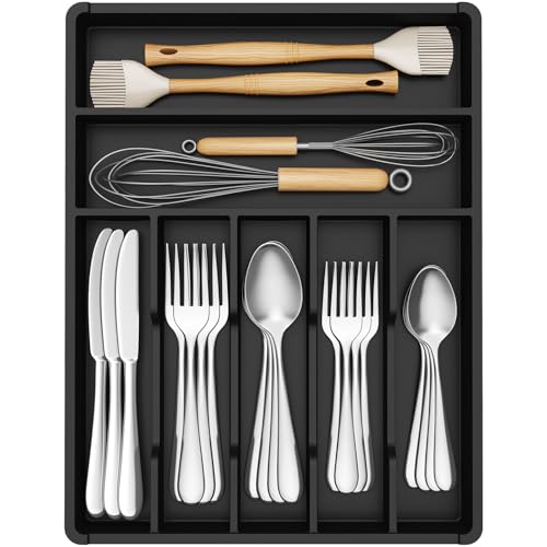 Lifewit Cutlery Drawer Organiser, Plastic Cutlery Tray for Kitchen, Utensil Flatware Silverware Holder Divider for Spoons Forks Knives Tableware, 7 Compartments, 31 x 41cm, Black