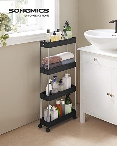 SONGMICS Kitchen Storage Trolley, Drinks Trolley on Wheels, 4-Tier Book Cart, Space-Saving in Office Bathroom, 40 x 13.5 x 86 cm, Black KSC008B01