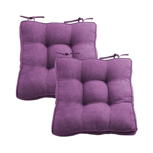 Dicke, quadratische Stuhlkissen, 50 x 50 cm, für Esszimmer und Garten, weiche Sitzpolster mit Bändern, für den Innen- und Außenbereich, Violett, bequem und langlebig, 2 Stück