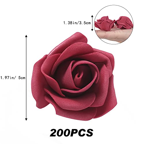 Artificial Stemless Rose Flower Heads, 200Pcs Burgundy Foam Roses Artificial Roses Flower Heads for Crafts 1.97in Stemless Roses for DIY Craft Wedding Bouquet Party Decoration(Burgundy)