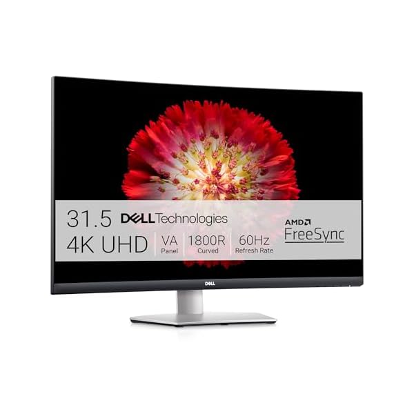 Dell S3221QS 32 Inch Curved 4K UHD (3840 x 2160), VA Ultra-Thin Bezel Monitor, 60Hz, 4MS Response Time, 90% DCI-P3, 99% sRGB, AMD FreeSync, HDMI, DisplayPort, Built in Speakers, VESA Certified, Silver