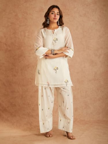 Image of ANNI Designer Farshi Salwar Suit for Women Viscose Embroidered | Co Ord Set for Woman | Straight Kurta Palazzo Outfit Round Neck V Slit 3 /4 Sleeve Ethnic Dress Womens Clothing
