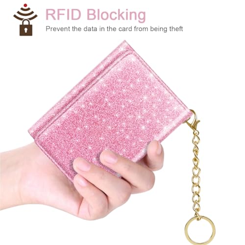 Image of Trifold Small RFID Blocking Wallet Pocket Cute Short Slim Sparkling Credit Card Holder Leather Keychain Ladies Mini Purse with ID Window, Glitter Peach