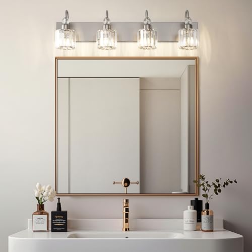 Image of Ralbay 4-Light Crystal Vanity Light for Bathroom Brushed Nickel Modern Bathroom Light Fixtures