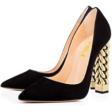 FSJ Women Gold Metal Chain Chunky High Heel Pointed Toe Slip On Fashion Party Prom Pumps Wedding Sexy Shoes Size 4-15 US