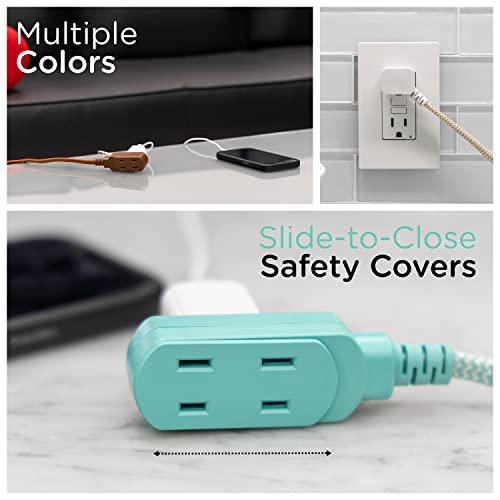 Cordinate Designer 3-Outlet Extension Cord, 8 Ft Braided Cable, 2-Prong Power Strip, Slide-To-Lock Safety, Low-Profile Flat Plug, Polarized, Etl Listed, White/Mint, 39983-T1 #TOP5