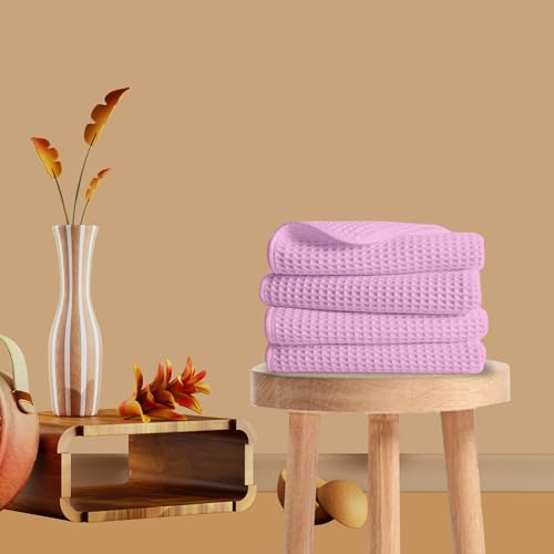 Image of Pure Cotton Waffle Towel | Lightweight | Anti Microbial and Water Absorbent | Soft Touch Quick Drying Hand Towels (Pink, Pack of 4)