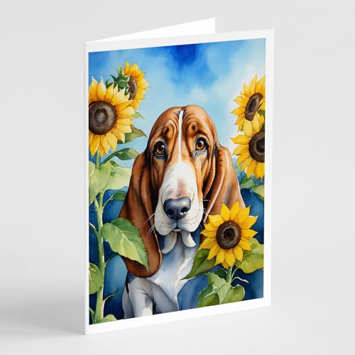 Caroline's Treasures Basset Hound in Sunflowers Greeting Cards Pack of 8 Blank Cards with Envelopes Whimsical A7 Size 5x7 Blank Note Cards