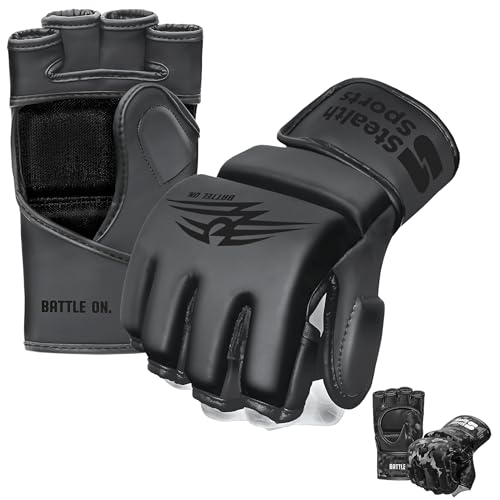 Guantes MMA de 12 mm de Grosor - Guantes de Agarre de Cuero PU Palma Abierta Muay Thai Kickboxing Sparring Saco de Boxeo Entrenamiento de Boxeo Guantes de Artes Marciales (Negro, L)
