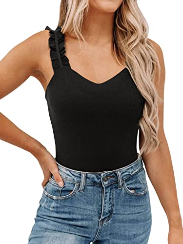 Pinkmstyle Womens Ruffle Strap V Neck Tank Tops Slim Ribbed Sleeveless Shirt Blouses Black #TOP12