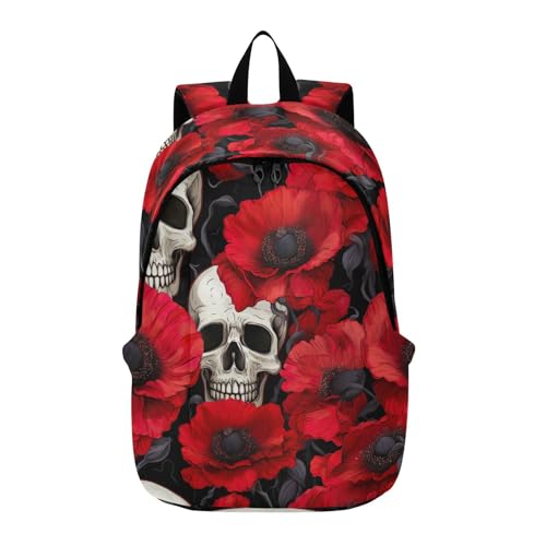 MCHIVER Travel Backpack Red Poppy Flowers Skulls Casual Daypack Backpacks Lightweight Carry on Bag Water Resistant Hiking Backpack for Men Women