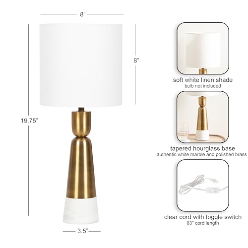 Kate and Laurel Deori Modern Metal and Marble Bedside Table Lamp, 8 x 8 x 20, Antique Brass and White Marble, Decorative Tapered Hourglass Tabletop Desk Lamp with Linen Shade for Living Room Decor by Kate and Laurel - Image 2