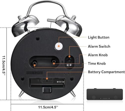 Image of Azyh Loud Alarm Clock for Heavy Sleepers Adults, Metal 4 Inches Twin Bell Battery Operated Alarm Clocks for Bedrooms Decoration, Silent Non-Ticking (Silver)