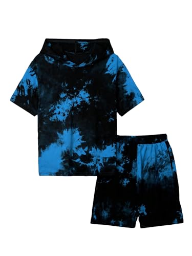 Image of SweatyRocks Boy's 2 Piece Outfits Tie Dye Short Sleeve Hooded Top and High Waisted Shorts Summer Clothes Sets Blue 10Y