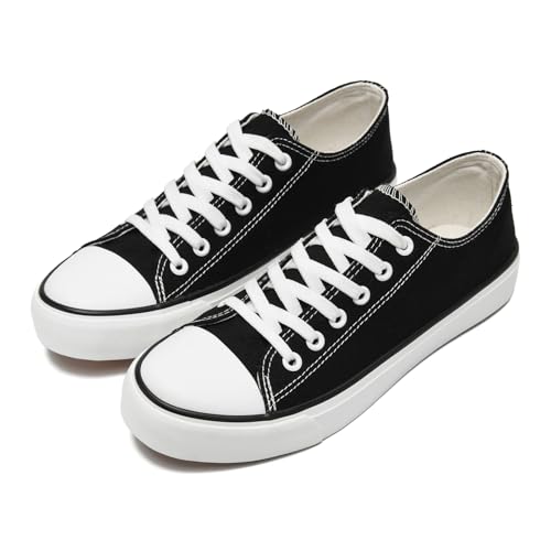 Image of rosyclo Canvas Shoes for Women and Men, Low Top Canvas Sneakers Fashion Lace Up Comfortable Womens Classic Casual Tennis Walking Shoes, Black, 7.5 Women/6 Men