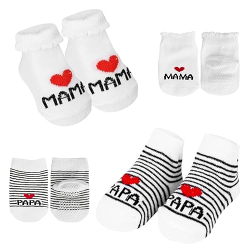2 Pares Pares de Calcetines Antideslizantes para Bebés de 0-3 Meses, Patucos de Algodón con Mensajes de Amor para Recién Nacidos, Ideal para Regalo, Seguros y Confortables, Incluye 'Amo a Mamá y Papá'