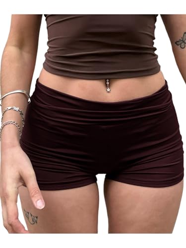 SANSIWU Knit Shorts for Women Y2k Slim Yoga Shorts Casual Solid Color Fold Over Low Waist Active Jogger Lounge Shorts (Ruched Brown, M)