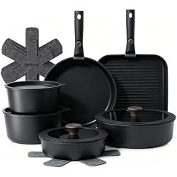 SENSARTE 17 Piece Nonstick Detachable Handle Pots and Pans Set Black | Removable Handle Cookware Set, Induction Cookware Set with Removable Handle, Healthy Non Stick for RV, Dishwasher ＆ Oven Safe
