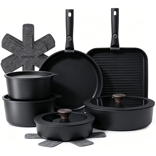 SENSARTE 17 Piece Nonstick Detachable Handle Pots and Pans Set Black