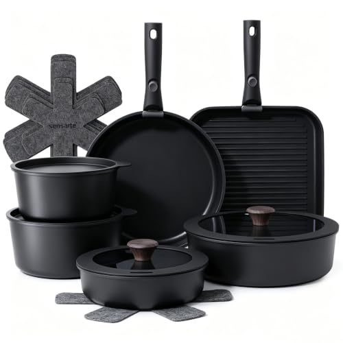SENSARTE 17 Piece Nonstick Detachable Handle Pots and Pans Set Black
