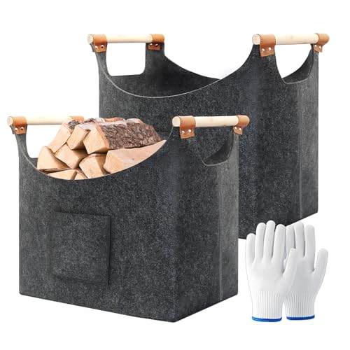 Ensemble Luxe de 2 Paniers à Bois - Panier Cheminée en Feutre Haut de Gamme avec Poignées & Gants (60L) | Solution de Rangement Pliable Idéal Cadeau