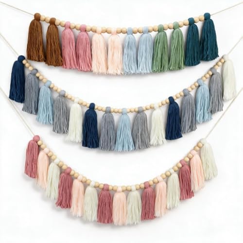 Image of DrCor Moody Boho Tassel Garland, Set of 3 with Natural Wood Beads - Vintage