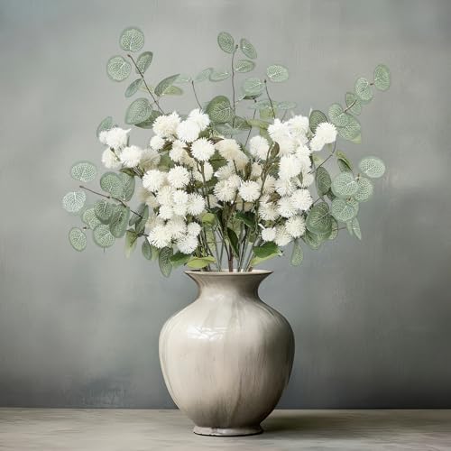 Ovveroche Artificial White Flower Chrysanthemum and Eucalyptus Stems Set,Faux Pom Pom Flowers with Realistic Silk Eucalyptus Leaves Bendable Long Stems for Vase Home Table Centerpiece Decor