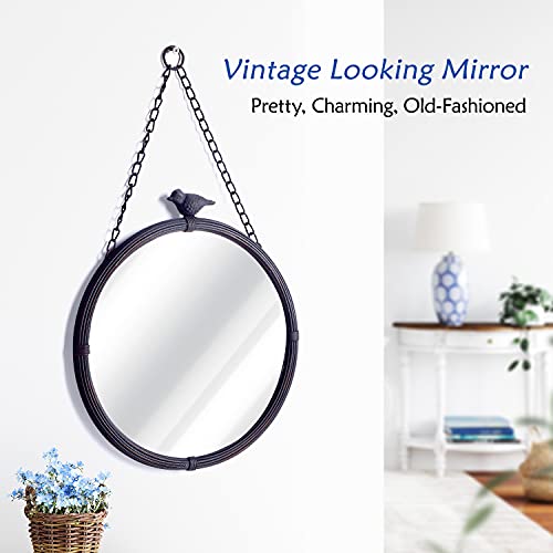 Nikky Home 11.2" Decorative Small Hanging Mirrors Vintage Rustic Round Metal Framed Wall Mounted Mirror Decor With Bird For Bathroom Living Room Office, Antiqued Black #TOP5