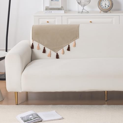 Image of HOKIPO Premium Holland Velvet Sofa Backrest Cover with Tassels - 'TasselTone Series', Sand Beige (IN-1103-BGE)