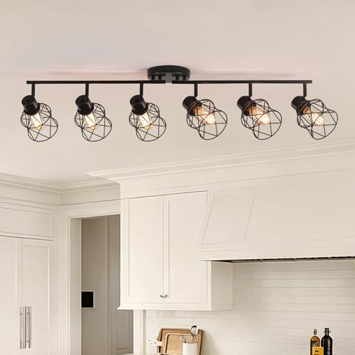 Image of 6 Lights Adjustable Multi-Directional Black Light Fixtures, Semi Flush Mount Ceiling Light, Kitchen Light Fixtures, Track Lighting Fixtures Metal Cage Industrial Spotlight Fixtures for Dining Room