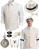 HaBaeBae 1920s Mens Costume, Roaring 20s Costumes for Men, Fedora Hats for Men 1920S Mens Outfit with Hat, Vest,Pocket Watch, Tie, Armband, Bow Tie, Suspenders