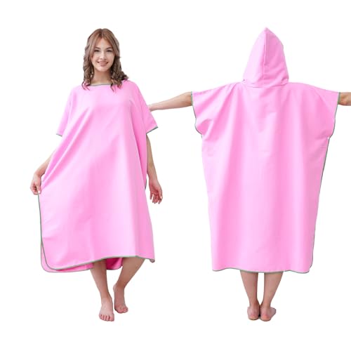 jooeer Handtuch Poncho Erwachsene Mikrofaser Badeponcho Strand Surf Poncho mit Kapuze für Damen Herren Schwimm Camping Baden, Rosa