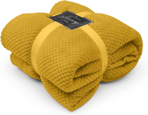 Brillars Waffle Honeycomb Throw Fleece Blankets, 100% Polyester Faux Fur Throws Bed Settee Sofa/Bedspread/Travel Blankets – Super Soft, light, Warm, Cosy Large Blanket (Ochre, Double 150 x 200 cm)