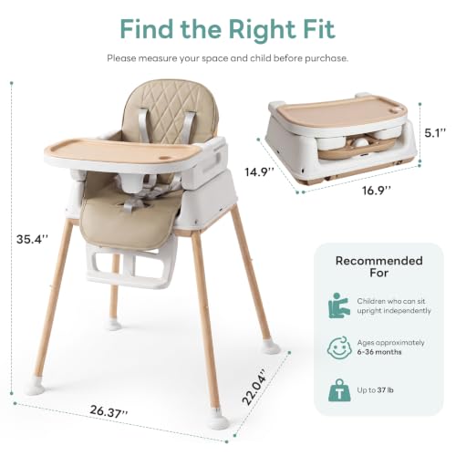 Baby High Chair for Babies and Toddlers, 3-in-1 Convertible Highchair with Built-in Leg Storage, Compact Pack-Away Design, Baby Eating Feeding Chair, Silla De Comer para Bebe, Beige — view 6