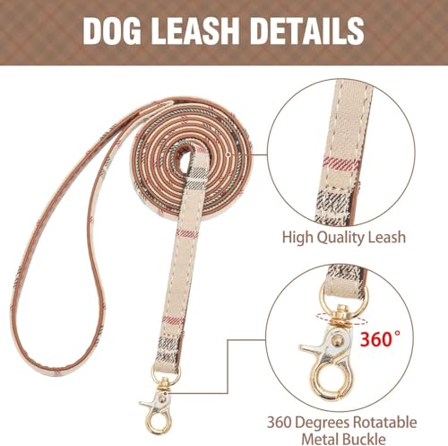 Dog Collar and Leash with Bow Tie for Small Dogs - Puppy Leash Collars Classic Beige Plaid Adjustable Size with Golden Bell, Perfect for Small Breeds and Boys