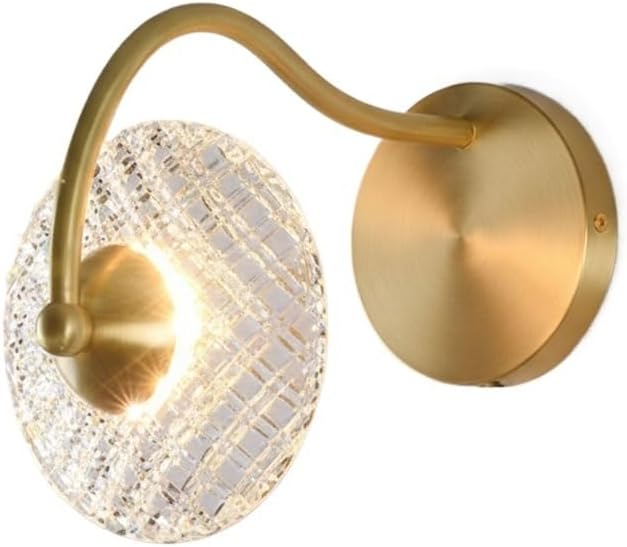 Modern Brass Wall Sconce, Crystal Glass Vanity Lamp, Mid Century LED Gold Wall Light with Reading Accent for Bedroom, Living Room, Hallway, Stairway, Bedside, Entryway Home Parlor