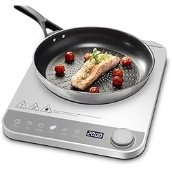 Placa inducción, AMZCHEF placa de cocción portátil con botón electrónico, 10 ajustes de potencia y temperatura, 5 modos automáticos, temporizador, 2000W, plata-gris