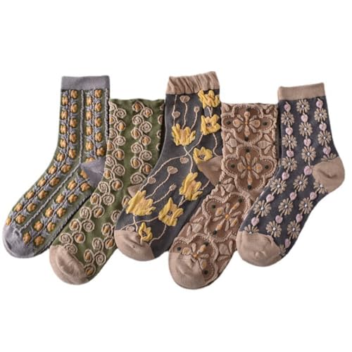 Image of 5 /10 Pairs Floral Vintage Patterned Crew Socks for Women Jacquard Knit Setfor Casual Wear Size 4-9