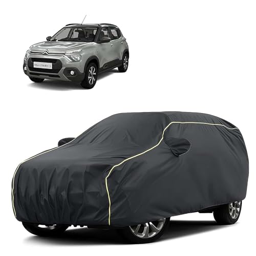 Image of Sulfar 100% Water Resistant Car Body Cover Compatible with Mirror for CITROEN C3 (Triple Stitched, Full Bottom Elastic, Dark Grey Tafetta with Yellow Piping)