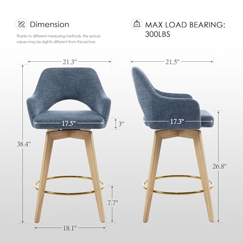 Image of Zesthouse Swivel Wooden Bar Stools Set of 4, Coastal Blue Counter Height Stools with Arm & Back, Upholstered Linen Fabric Barstools with Solid Wood Leg & Gold Metal Ring, High Chair for Kitchen Island