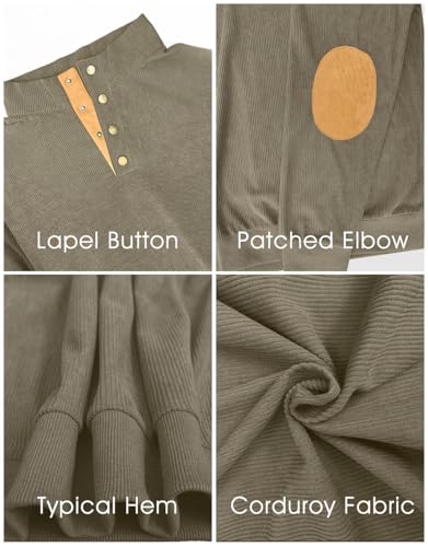 ONLYSTORY Men's Casual Corduroy Sweatshirt Long Sleeve Stand Collar 1/4 Button Pullover Fall Polo Sweater with Elbow Patches Grey Green, XL