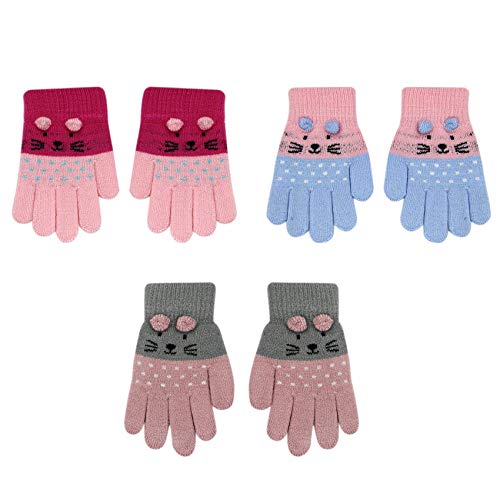 RARITYUS 2 or 3 Pairs Kids Cute Cat Warm Gloves Winter Knitted Mittens for Boys Girls Toddler 0-15 Years old2