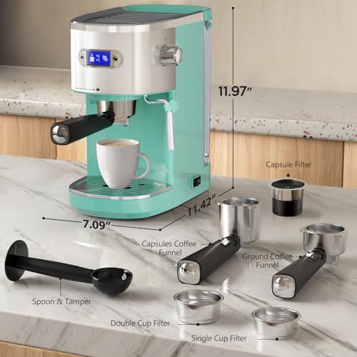 Image of 20 Bar Espresso Machine Semi-Automatic, Professional Coffee Maker with Milk Frother Steam Wand & 45OZ Removable Water Tank, Home Barista System for Cappuccino, Latte, Americano-Stainless Steel-Green