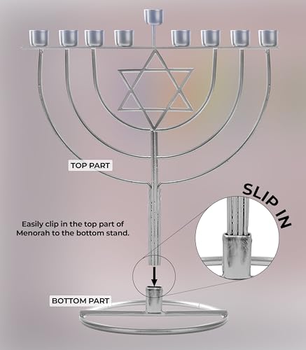 Ner Mitzvah Hanukkah Menorah with Jewish Star - Fits All Standard Chanukah Candles - Sleek Wireframe Silver Chanukah Menorah Modern Davids Star Design - 7\" High