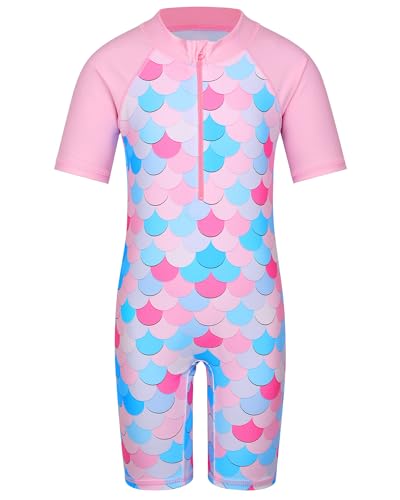 HUAANIUE Traje de baño largo para niñas, 1 pieza, traje de baño UPF 50+ UV con cremallera 4-12 años, ropa deportiva de natación de verano, 14 trajes de baño de manga corta en escala de rosa, 3-4 años