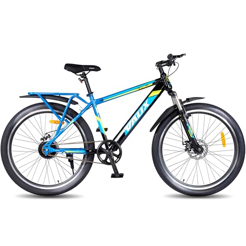 Image of Vaux Stallion-Pro Cycle for Men 26T with Integrated Carrier IBC| 17 inch Steel Frame| Dual-Tone Colors| Dual Disc Brakes| 26 X 2.4 Nylon Tyres| Front Suspension| Single Speed(Blue-Black)