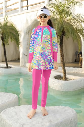 Image of Girls Long Sleeve Rashguard Half Zip Swimsuits UPF 50+ Two Piece Swim Sets with Hairband 5-12Y | Two Piece Swim Sets with Hairband